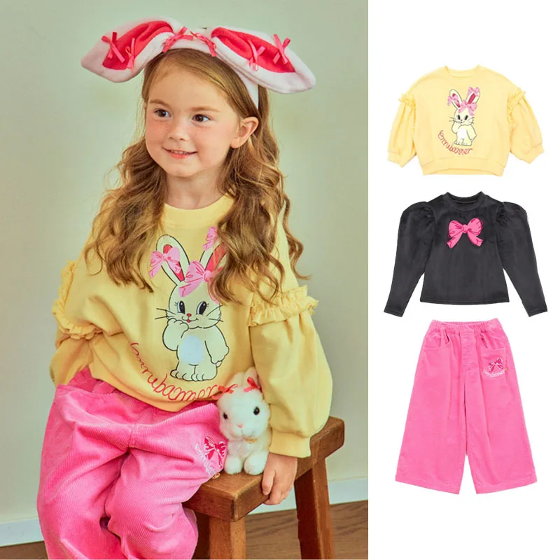 

Korean Girls T Shirts 2024 Autumn Winter New Cartoon Yellow Sweatshirts Baby Girl Wide Leg Pants Children's Clothing