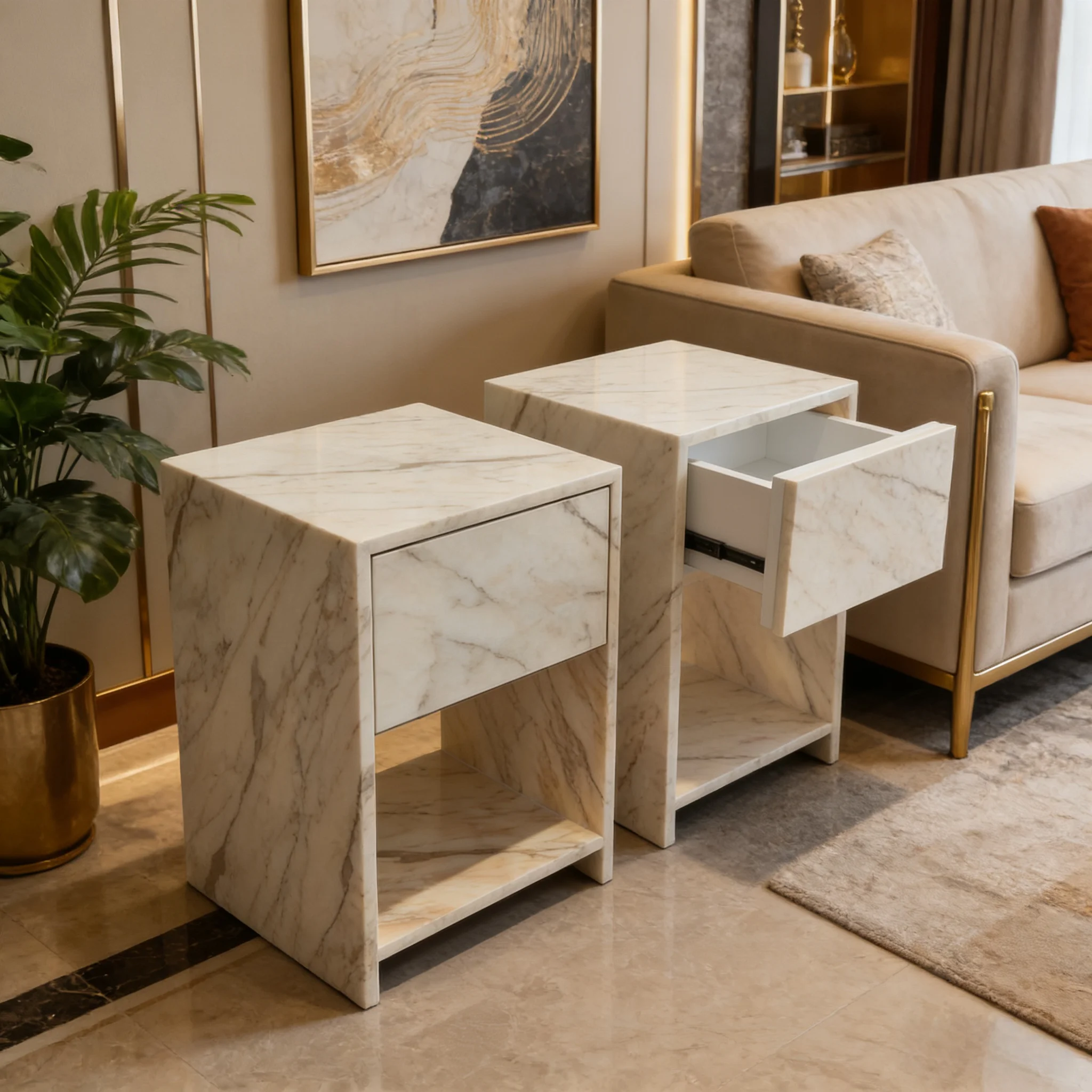 Modern Luxury High Designer Stone Bedside Table White Marble Square Bedside Table Deluxe Bedroom