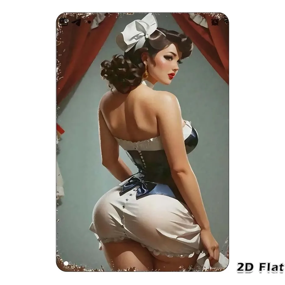 Vintage 2D Metal Tin Sign - Elegant Retro Maid Pin-Up Girl Wall Decor, Ideal Gift for Room, Home, Bar, Garage, 8x12 Inch