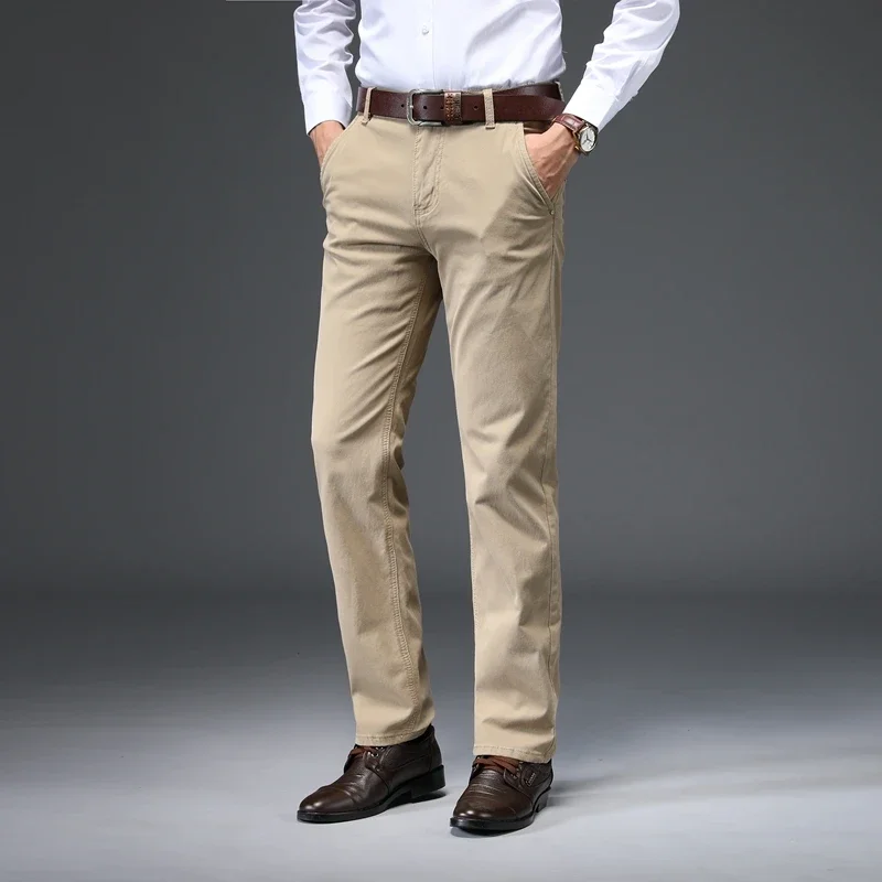 

Mens Autumn Pants Cotton Casual Stretch Male Trousers Man Khaki Long Straight High Quality 3 Colors Plus Size Pant 38 40