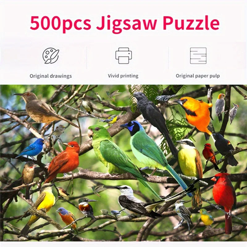 

500 Pieces Jigsaw Puzzle for Adults Painting Colorful Birds Paper Puzzles Home Decor Wall Display Birthday Festival Gift Toys