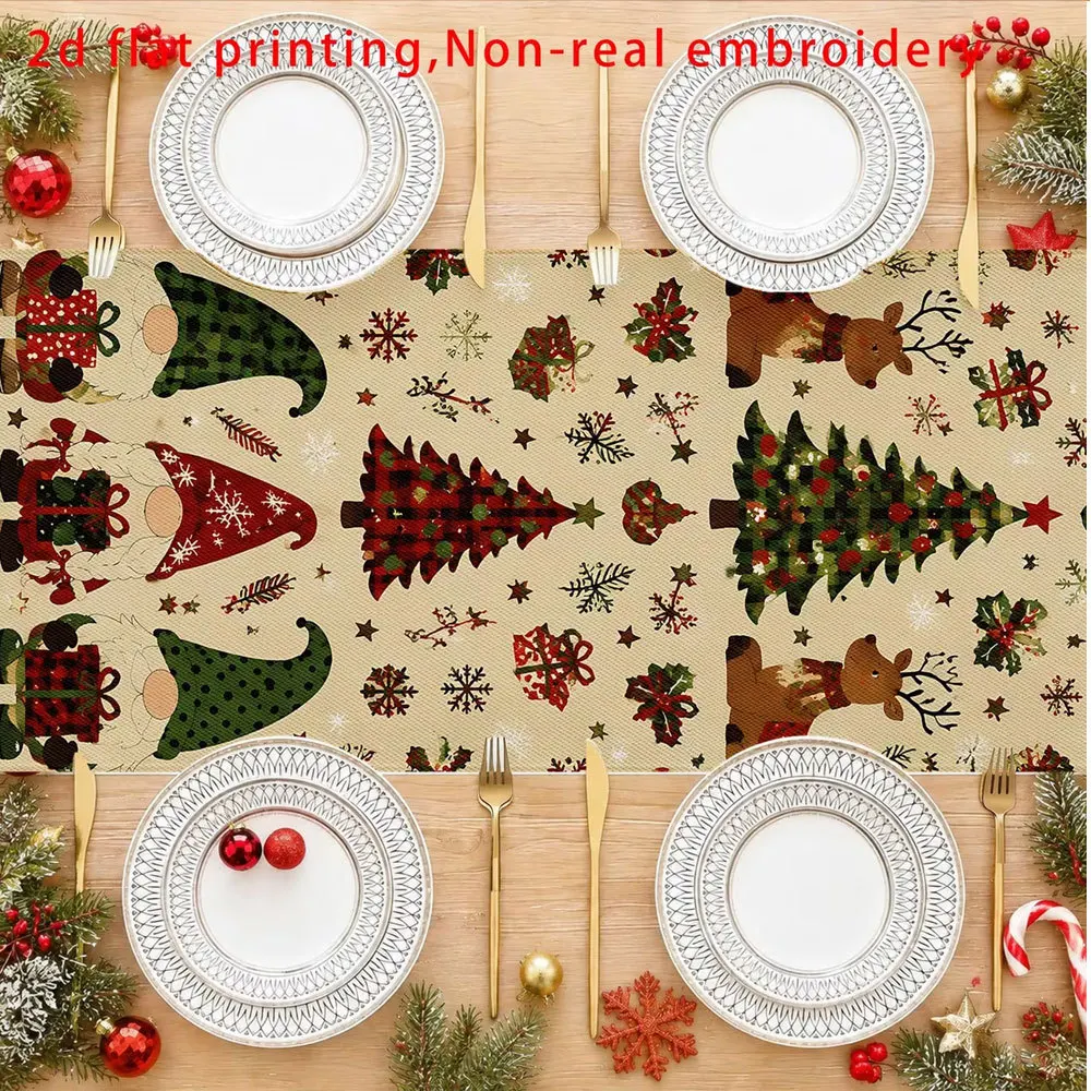 Linen Table Runner Christmas Dog Puppy in Santa Hat Off White Plaid Border  Christmas Party Table