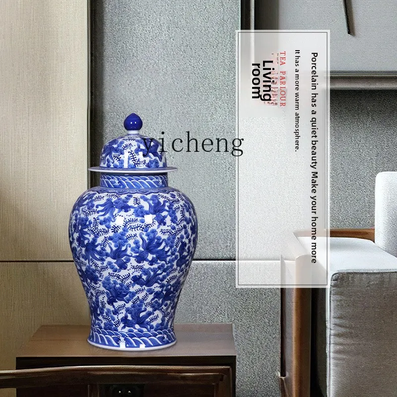 L7-8 ceramic blue and white porcelain vase fish algae pattern living room TV cabinet storage decoration porcelain ornament