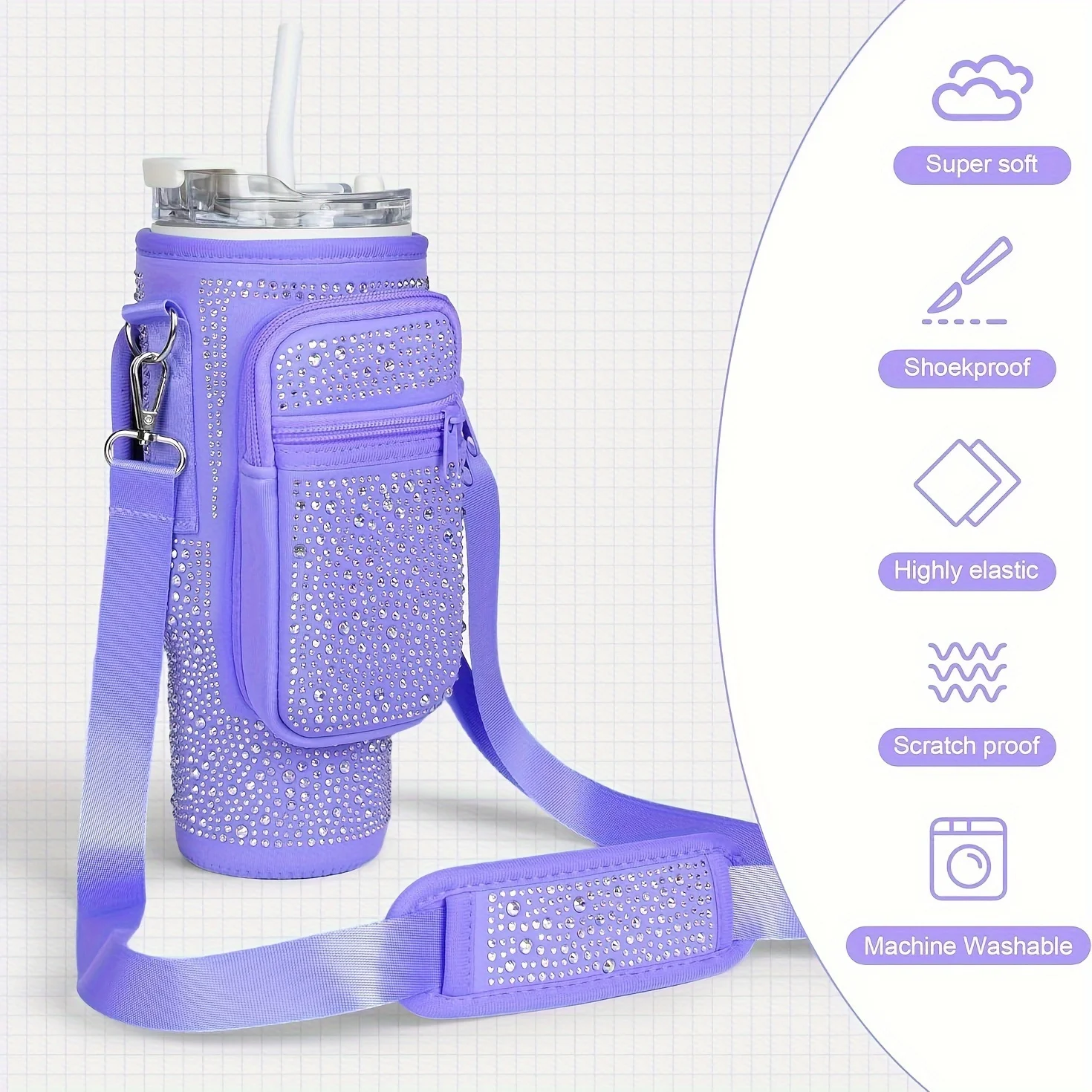 Universal Water Bottle Carrier with Bling Diamond Design, Phone Holder Pocket, Card Slots, And Detachable Adjustable Shoulder St