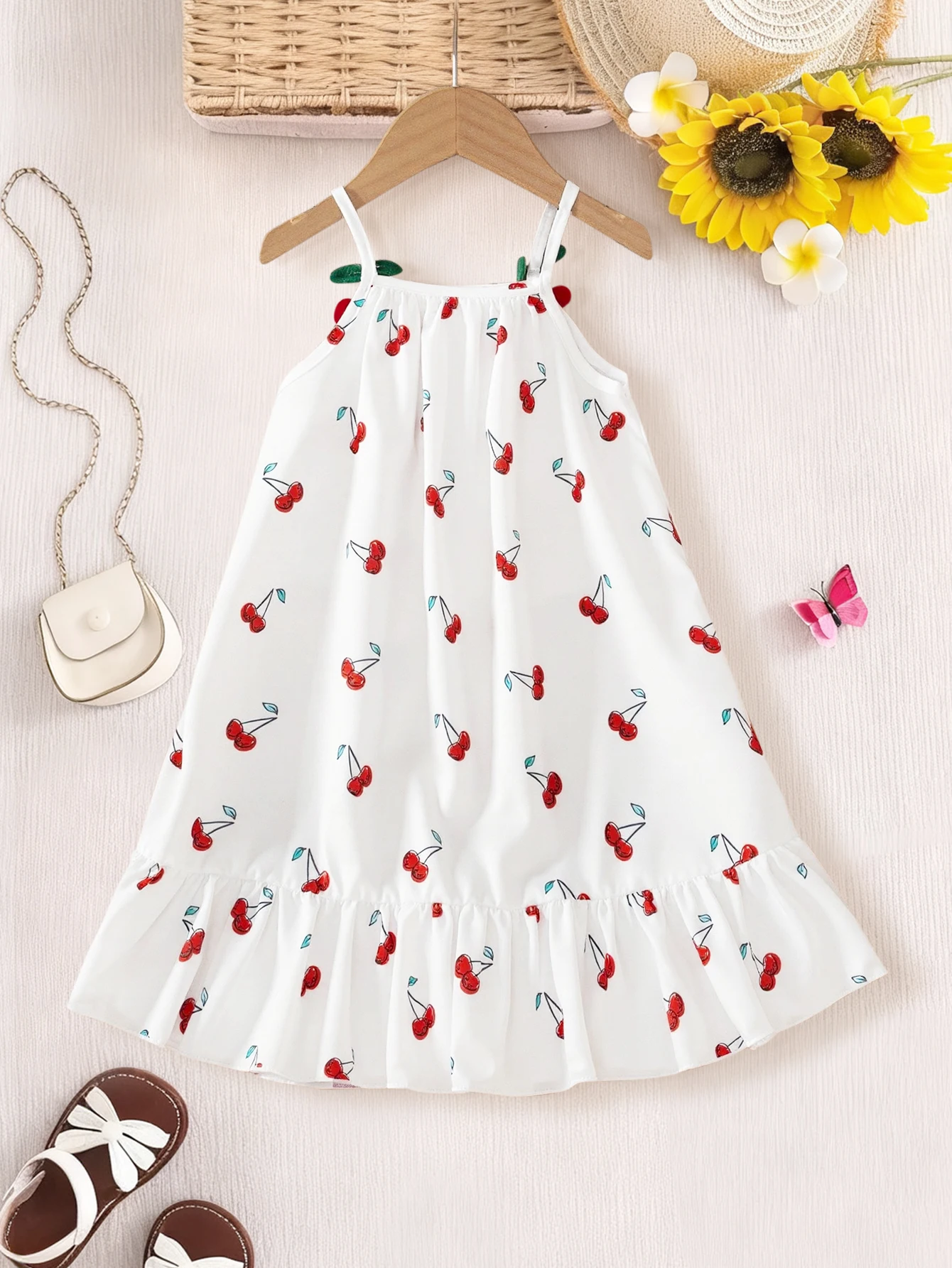 Baby Girl Cherry Print Cami Dress, 3D Cherry Decor Sleeveless Sundress with Ruffle Hem, Toddler Summer Dress 6‑9M‑2‑3Y