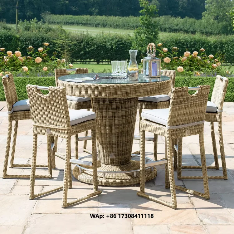 Hot Sale Outdoor Furniture Bar Counter Suit Durable Rattan Rattan Bar Stool and Chair Round Rattan Bar Set