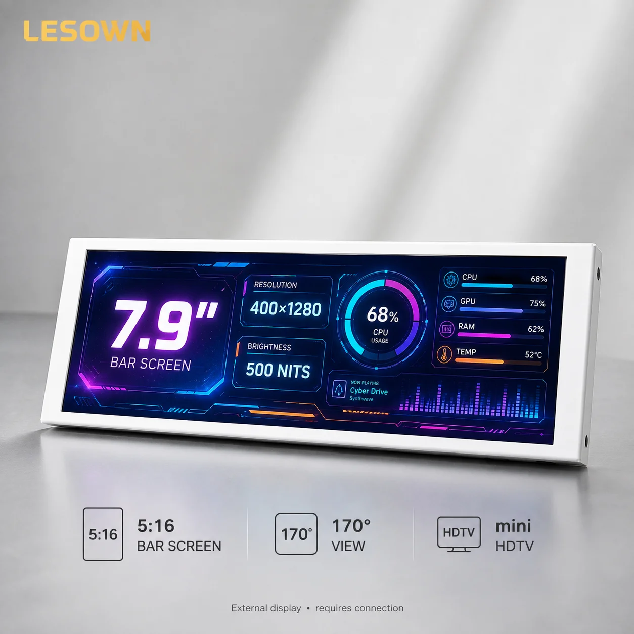 LESOWN Aluminium White 7.9in Easy Setup Secondary Display Mac Secondary Monitor 1280x400 HDTV 5:16