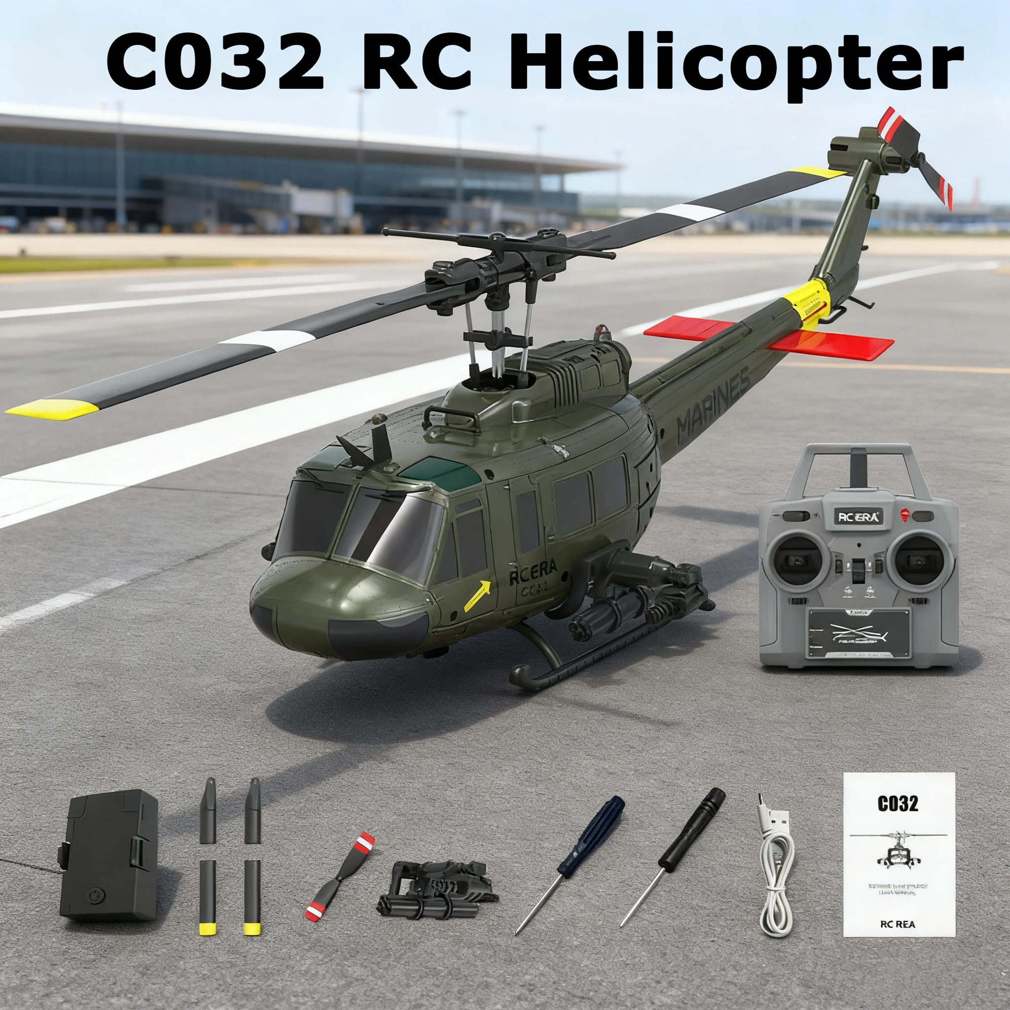 C032 UH-1 Brushless RTF RC Helicopter 6-axis Gyroscope One Click 3D Flip Optical Flow Positioning UH1 Helicopter Model Hobby Toy