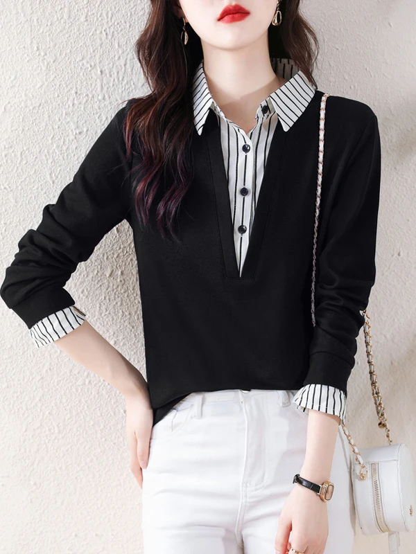 2025 خريف جديد مخطط الربط بأكمام طويلة القطن الخالص قميص بولو طوق وهمية قطعتين هوديي #3