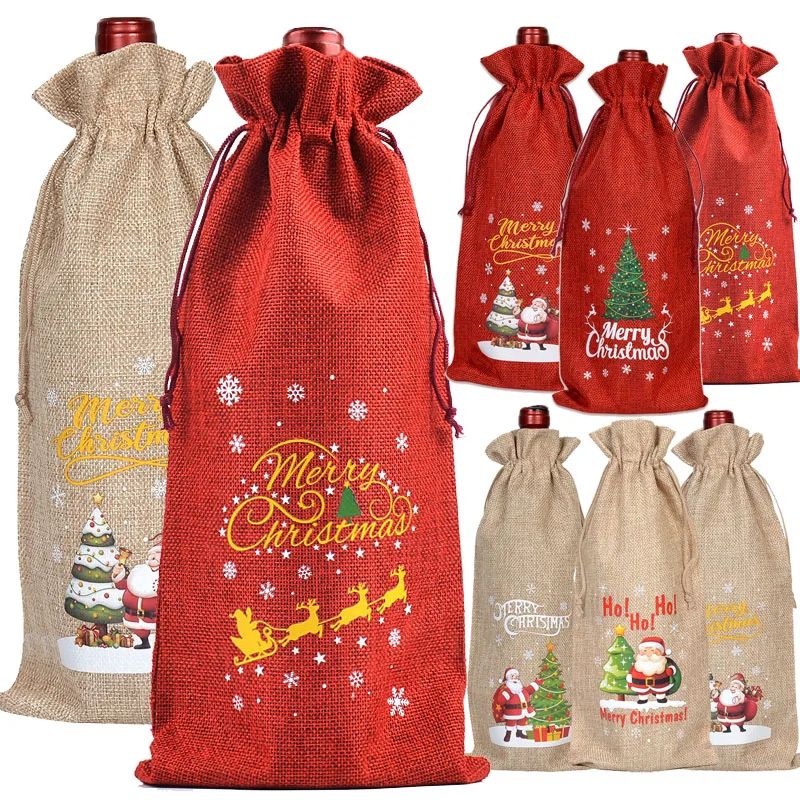 3/6pcs Christmas Wine Bottle Gift Bags Cover with Drawstring Burlap Linen Wine Gift Bags for Xmas Party Decorations