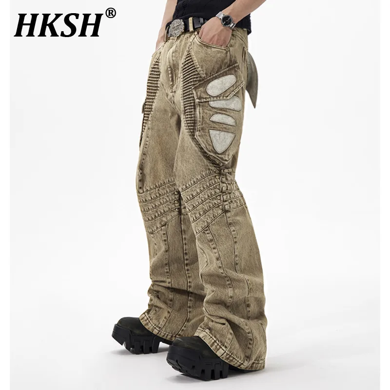 

HKSH Summer New Man Tide Original Design Punk Streetwear Chic Spliced Tank Tops Jeans Dark Pleated Niche Fold Denim Pants HK5257