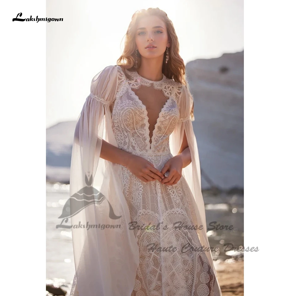 Lakshmigown Vintage Boho Strand-Hochzeitskleider mit abnehmbarem Spitzenumhang 2025 Vestidos Sexy Champagner Brautkleider Tief ausgeschnitten Maßanfertigung – Detail 3