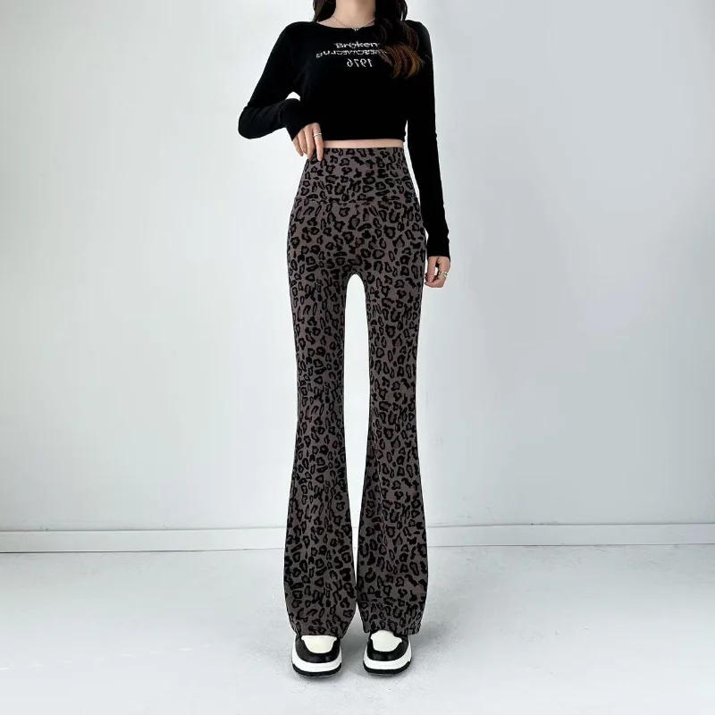 

Women Leopard Printed Flared Pants Elasticized High Waist Shark Leggings Casual Spring Summer Korean Slim Straight Tube