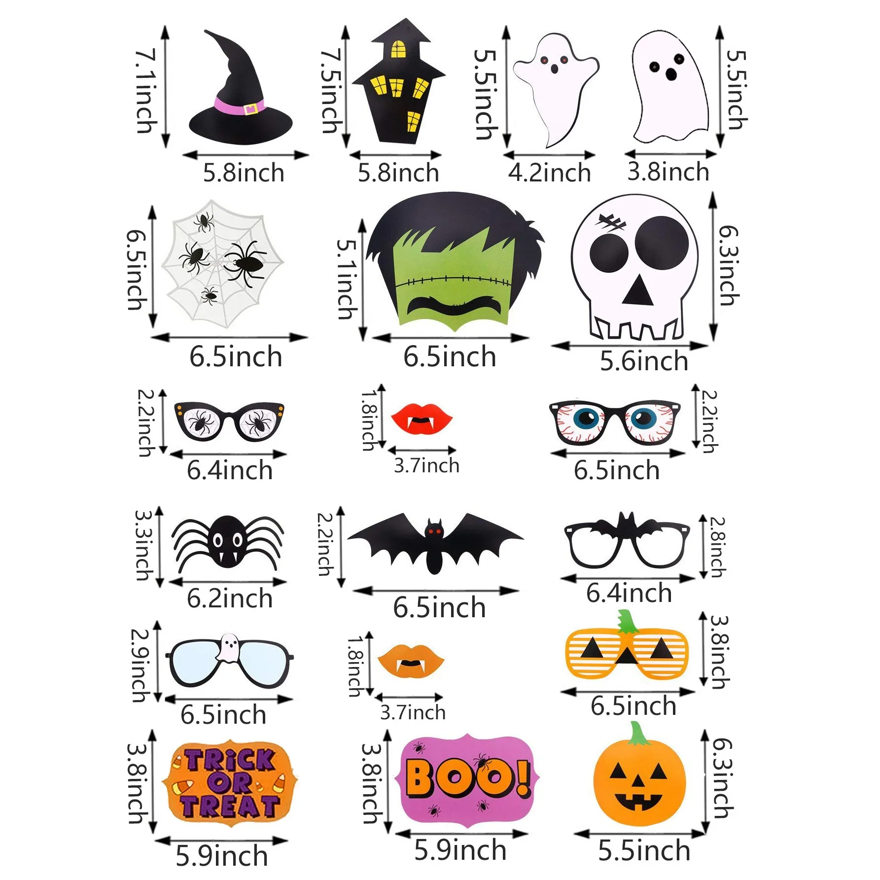 Halloween Photo Booth Props Set with Pumpkin, Ghost, Bat, Witch Hat, Spider and Skull Signs description 3