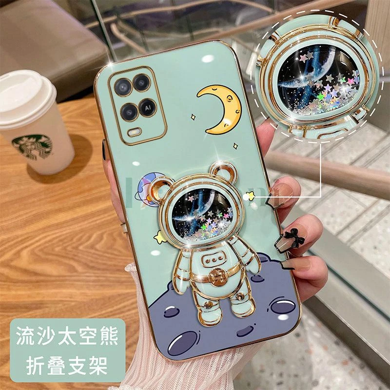 Quicksand Lunar Astronaut Plating Phone Holder Case For Oppo A15 A15S A76 A77 A16 A16K A78 A53 A92 A94 A95 A54 A55 A83 F19 Cover