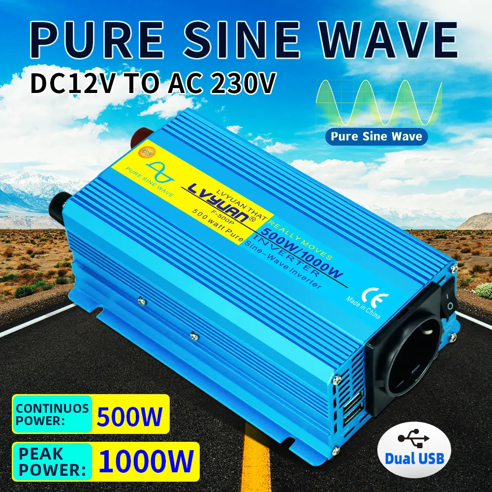 Pure Sine Wave Inverter 1000W DC 12V AC 220V 50Hz 60Hz Power Inverter Home Car Converter Solar Energy