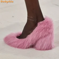 Pointed Furry Shallow Pumps Solid Sexy Slip-on Square Heel 2025 Women New Autumn Fashion Dress Shoes Cover Heeled Rose Red