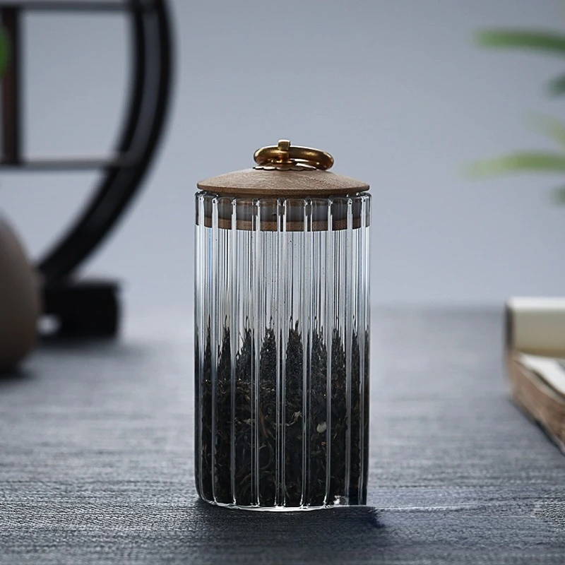 Tea Pot Japanese-style Striped Glass Personalized Bamboo Lid Sealed Tea Storage Tank Miscellaneous Grains Dried Fruit Storage