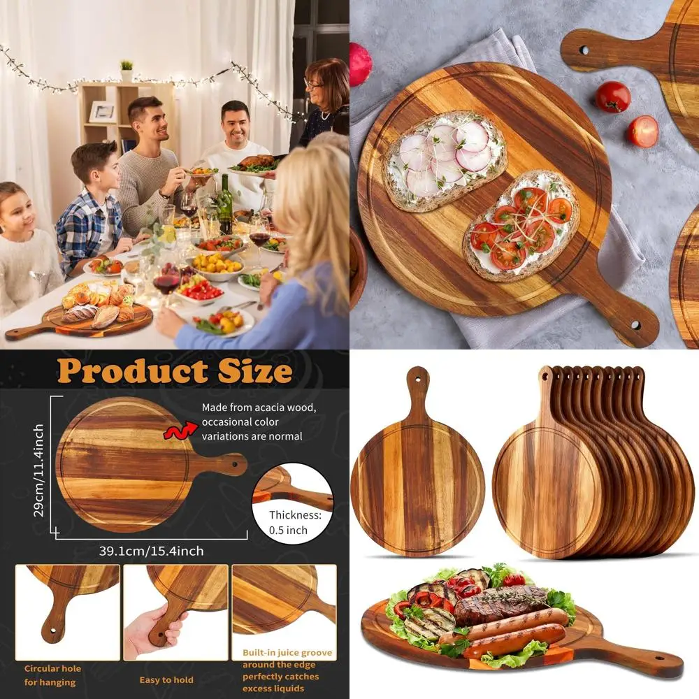 

Acacia Wood Round Cutting Boards with Handle, 12-Piece Set for Kitchen Use: Ideal for Bread, Pizza, Fruits, and Vegetables