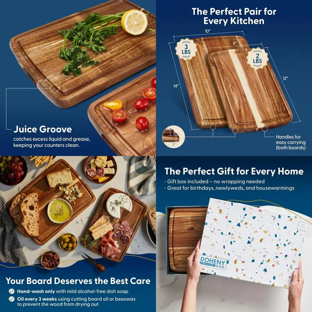 

Acacia Wood Cutting Boards Set - Small & Medium, Juice Groove, Gift Box, Sustainable for Meat, Vegetables, Organic Produce