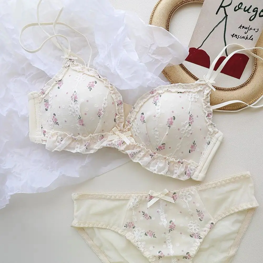 YSANSCA Boho Bra + Panty Underwear Set Women 2-Piece Everyday White Flroal Intimates Sexy Lingerie Set