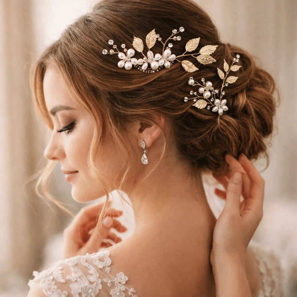 4Pcs Sets Pearl Wedding Hair Accessories Handmade Vintage Leaf Shaped Tiaras Elegant Bride Insert Hair Clip Special Occasions