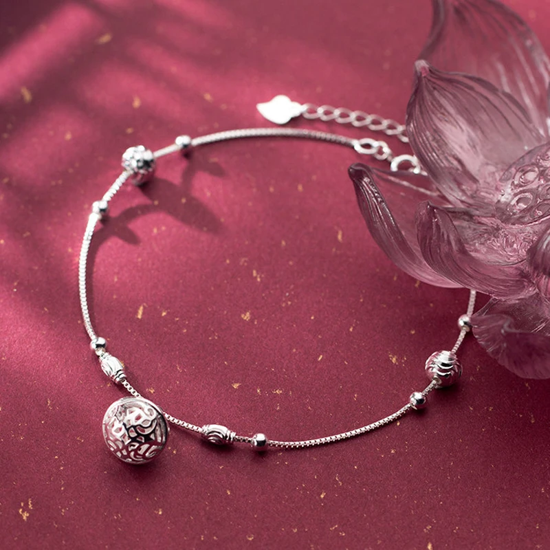 

MIQIAO 925 Sterling Silver Ankle Bracelet Women Chain Literary Retro Palace Bell Female Hollow Ball Summer Accessories Fashion