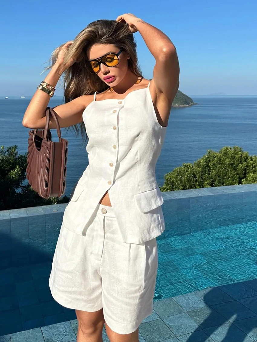 Marthaqiqi White Ladies Pajamas Set Spaghetti Strap Sleepwear Sleeveless Nightgown Backless Nightwear Shorts Female Nightie Suit