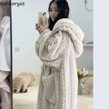 Kapşonlu Artı Kadife Kalın Elbiseler Kadın Sıcak Nedensel Baggy Pijama Kış Ev Basit Cepler Kore Moda Mercan Polar Salonu