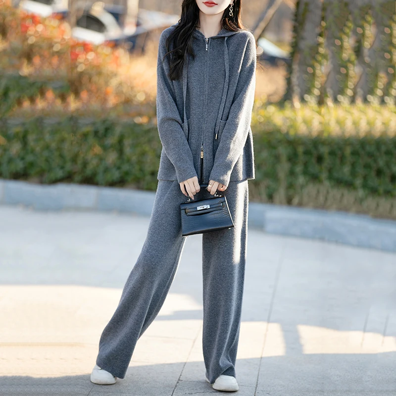 الخريف والشتاء جديد المرأة 100% الصوف الخالص دعوى مقنعين سترة فضفاضة قطعتين حجم كبير محبوك بنطلون
