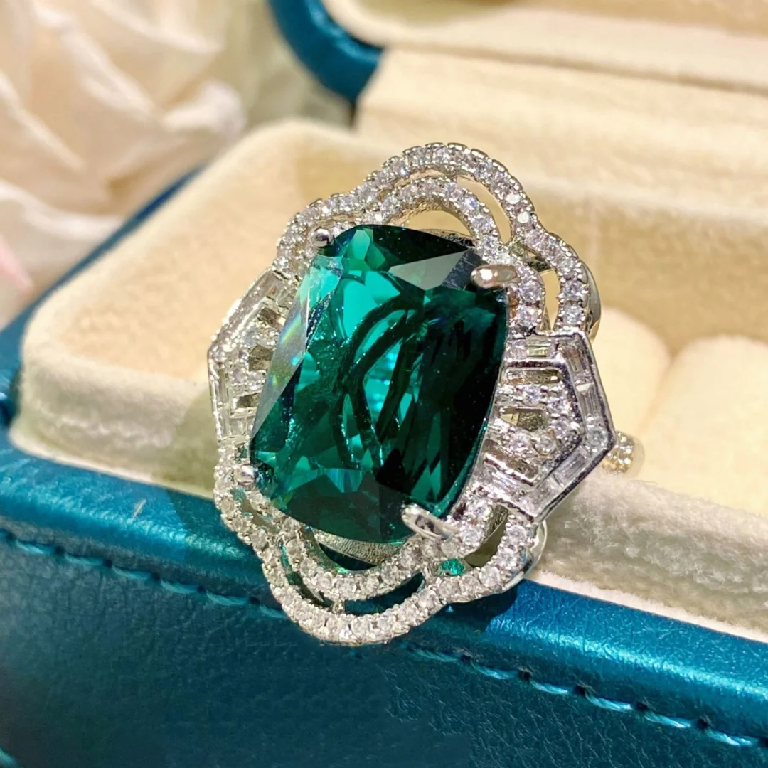 925 Sterling Silver Light‑Luxury Fashion Green Diamond Ring, Mengyuan Huajian Emerald Open‑End Ring