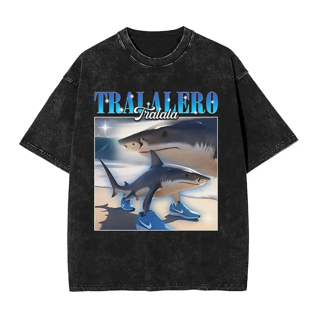 

Tralalero Tralala Shark Vintage Washed T-shirts Italian Brainrot Funny Meme T-shirt Men Women Fashion Casual Oversized T Shirts