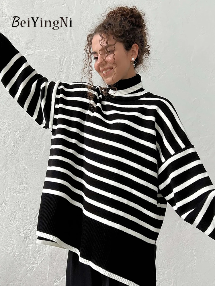 

Beiyingni New Fashion Women's Sweater Striped Vintage Casual Loose Femael Turtleneck Pullover Autumn Winter All-match Loose Tops