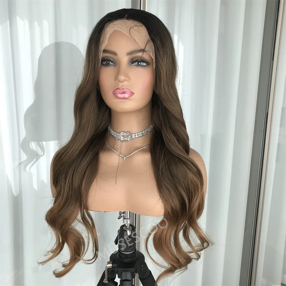 Ombre coklat Wig sintetis renda depan untuk wanita panjang bergelombang tubuh gelombang Wig depan pirang menutupi rambut alami penggunaan sehari-hari serat