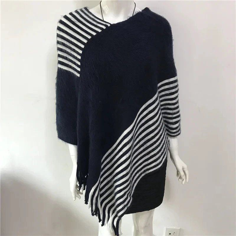 

2024 Spring Autumn New Loose Stripe Two-color Contrast Tassel Pullover Cloak Shawl Women Sweater Kitting Poncho Cape Blue