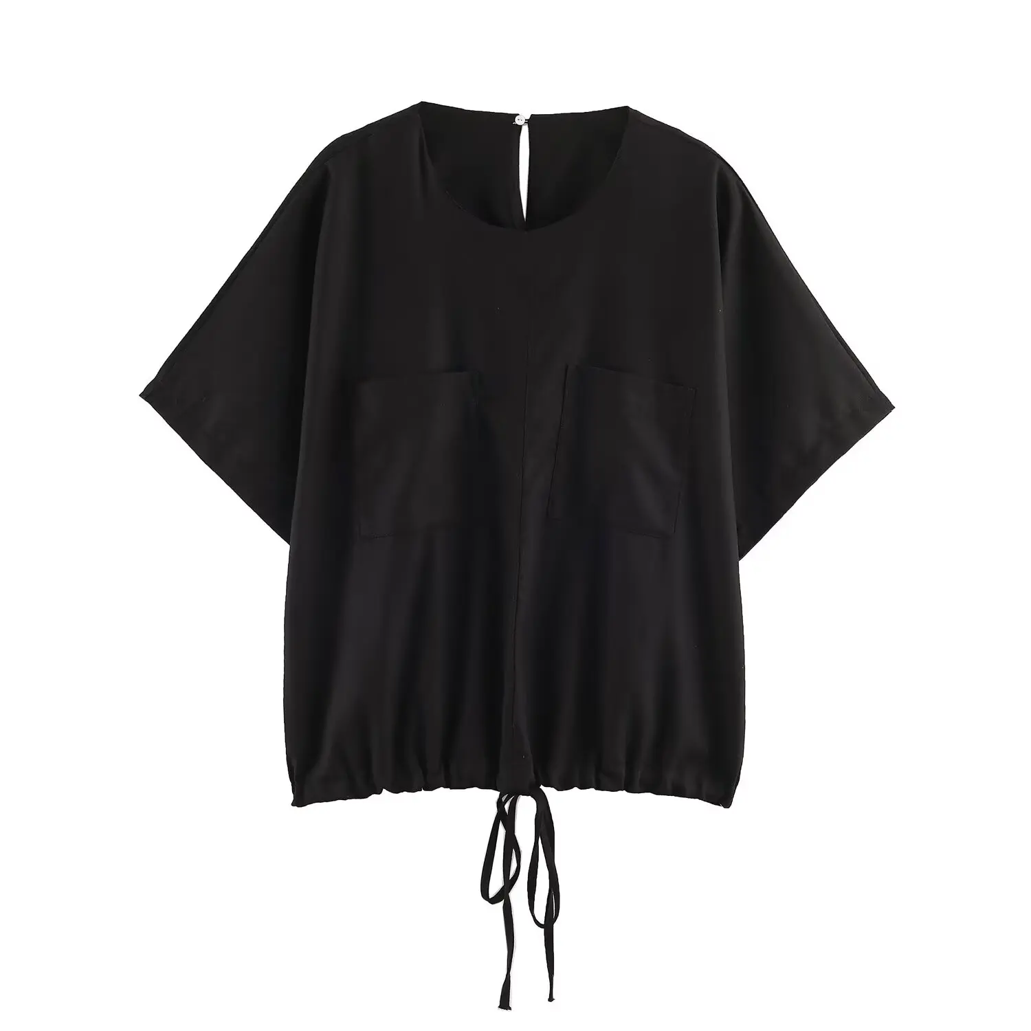Willshela Women Fashion With Pockets Solid Lace Up Pleated Blouse Vintage O-Neck Short Sleeves Female Chic Lady T-Shirts