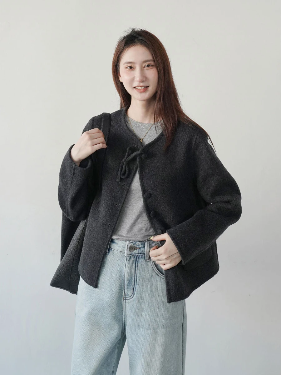 

Double-Faced Wool ort Coat Women's Loose Fit Knot Casual Sle Autumn Winter New Arrival Faion Outerwear