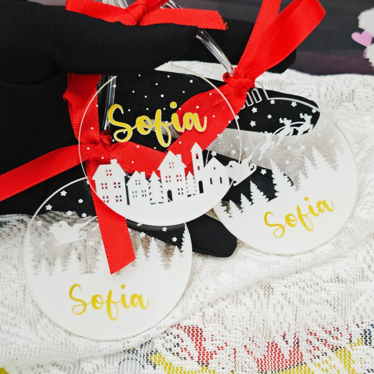 

Customized Stainless Steel Keychain Custom Name Acrylic Color Printing Photo Hanging Decoration Christmas Family Gift