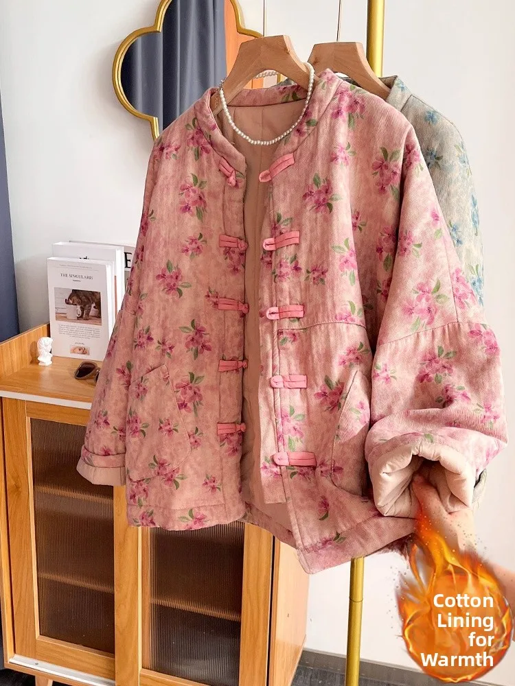 

New Chinese Sle Floral Cotton Jaet Women's Winter Warm Stand Collar Buttoned Coat Retro Print ket Long Sve Thiened