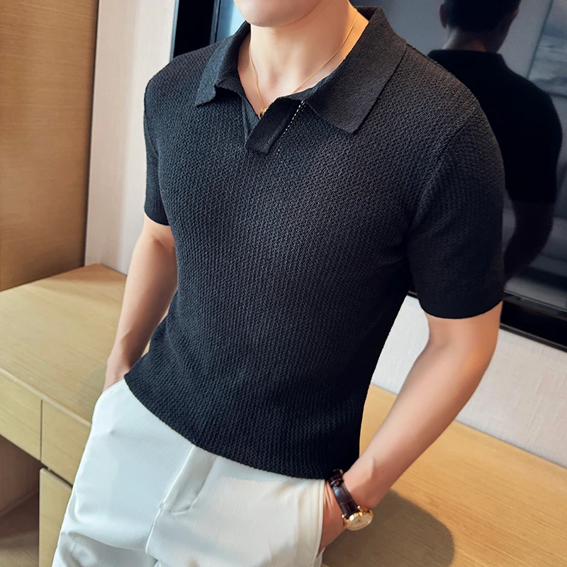 Summer Hollow Knitted Short Sleeved Polo shirt Mens Elasticity Mesh Casual T Shirt Male V Neck Slim Fit Breathable Polo Shirt