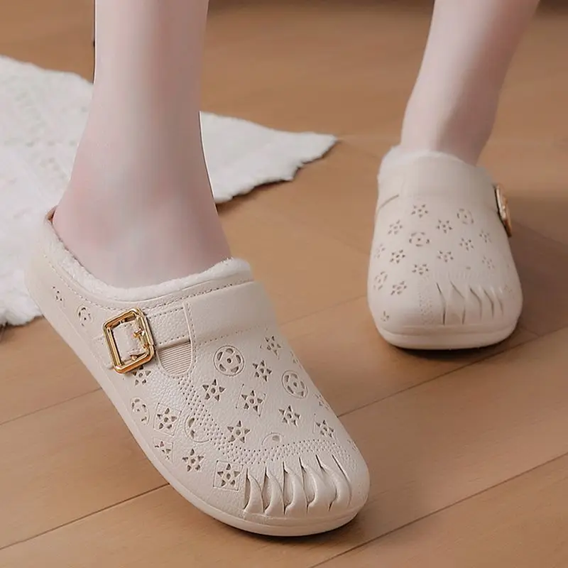 

New 2025 waterproof leather fur slippers women designer fake cut-outs geometric figure plush slides indoor home velvet slippers