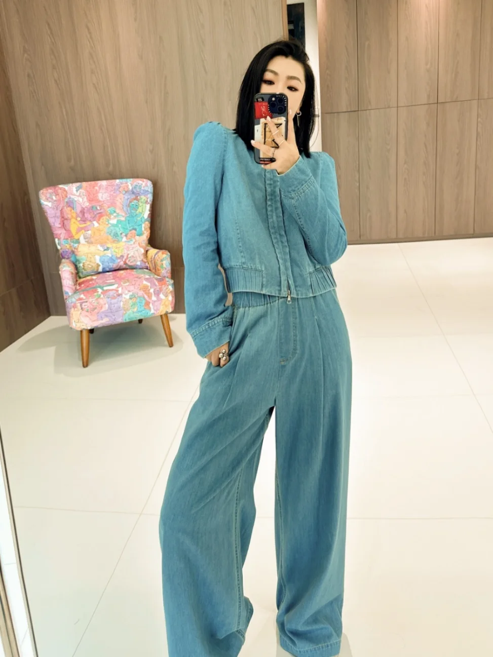 

Fall New Style Simple Double Zipper Jeans Jacket High Waist Wide Leg Casual Jeans Set Cotton Fabric Women's Fashion Ensemble