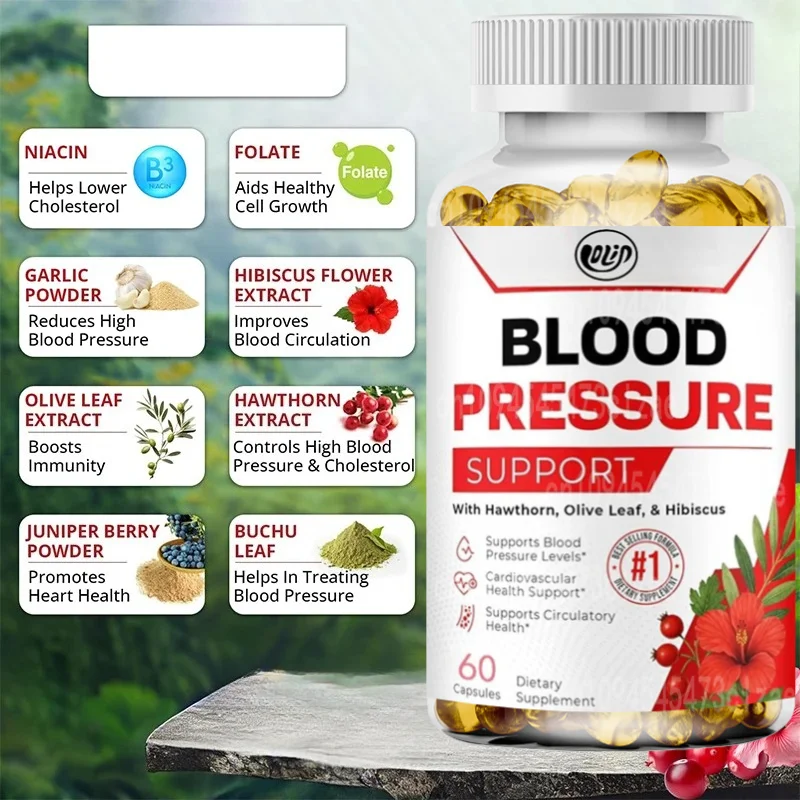 Blood Pressure Support and Cardiovascular Supplements Hawthorn, Hibiscus, Folic Acid, Garlic Supplements -60 Capsules