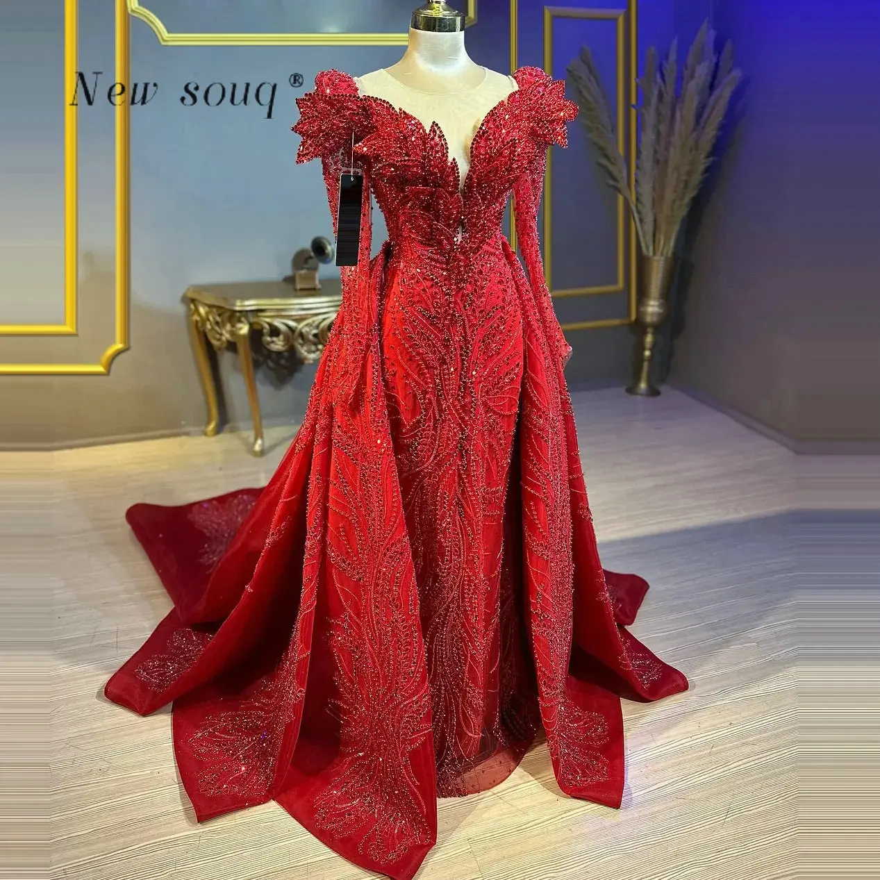 

Red Crystals 3D Leaf Mermaid Prom Dresses with Detachable Train Customized Arabic Luxury Beaded Wedding Evening Party Gowns