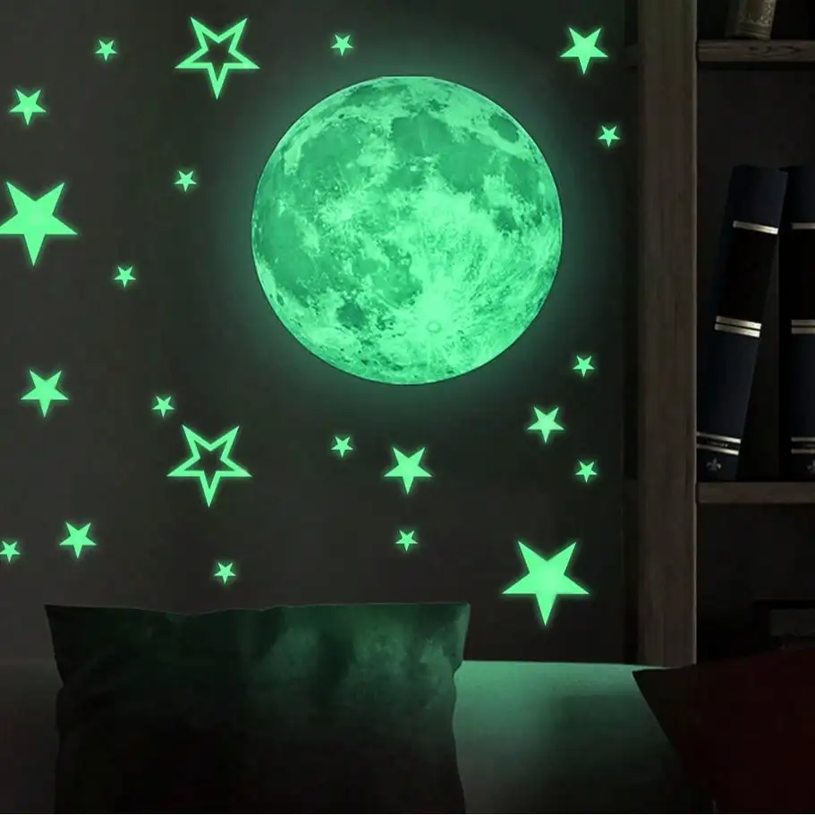 Glow Stars and Full Moon Wall Stickers for Starry Sky, Glowing Star Beautiful Wall Decals for Any Room