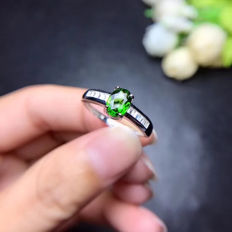 Natural Diopside Ring, Oval Cut Green Gem Around 1 Ct, 925 Sterling Silver FJ417