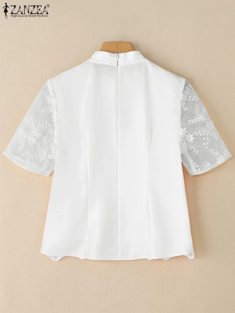 ZANZEA 여성 우아한 반팔 블라우스 2025 여름 수 놓은 셔츠 패션 레이스 크로 셰 뜨개질 휴일 탑 캐주얼 작업 OL Blusas