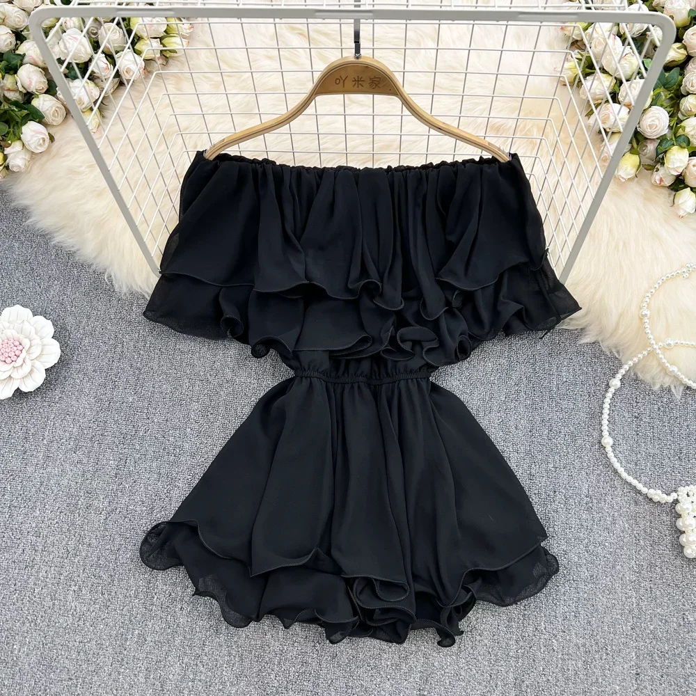 Jumpsuits Top Girls Slash Neck Off-shoulder Chiffon Shirt Women 2024 Summer New Sweet Spicy Super Fairy Ruffle Waist Short Top