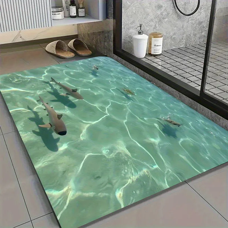 Eco-Ocean Entryway Rug, Teal, Featuring Ocean Waves with Sharks and Sea Turtles, Non-Slip, Doormat, Beach-Inspired Decor