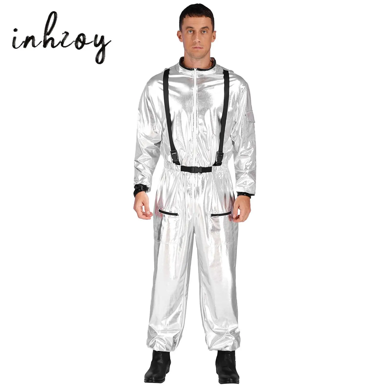 

Mens Astronaut Costume Silver Space Suit Halloween Carnival Cosplay Costume Metallic Shiny Long Sleeve Jumpsuits Zipper Bodysuit